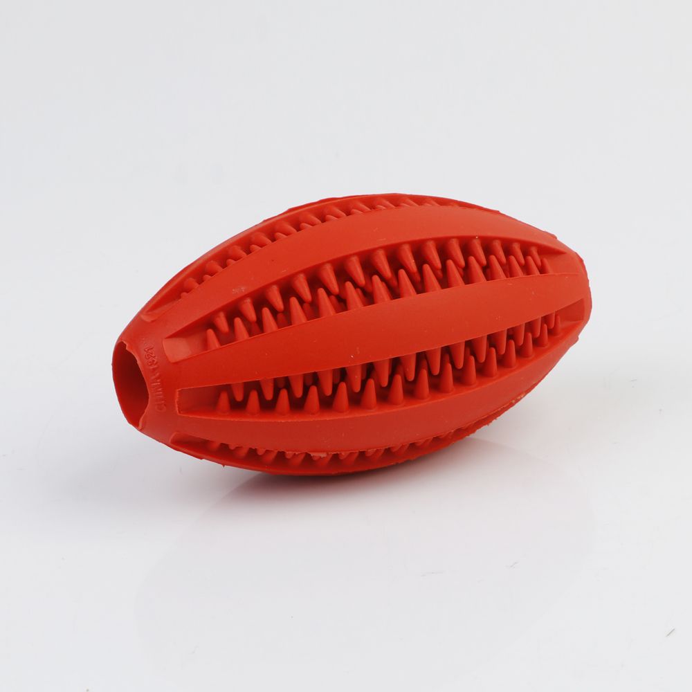 Pet Dog Toys Extra-tough Rubber Ball Toy Interactive Elasticity Ball Dog Chew Toys Tooth Cleaning Treat Rugby Ball-Red