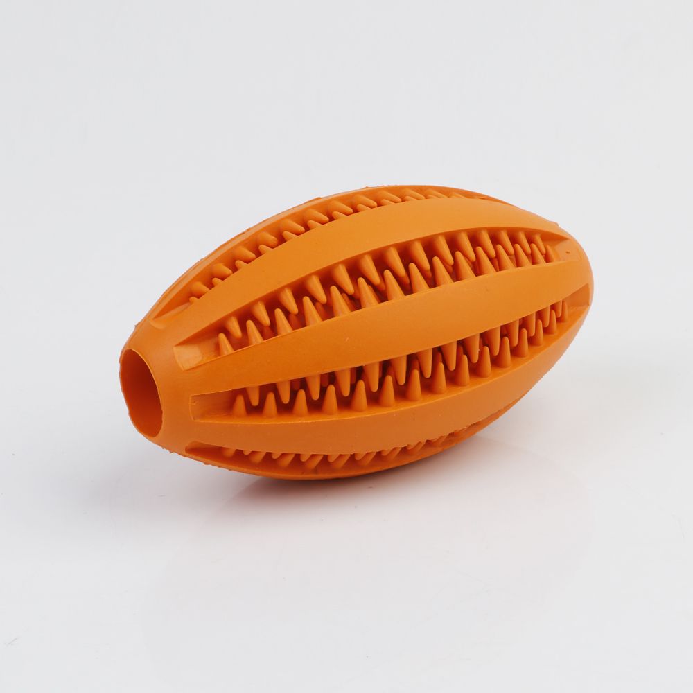 Pet Dog Toys Extra-tough Rubber Ball Toy Interactive Elasticity Ball Dog Chew Toys Tooth Cleaning Treat Rugby Ball-Red