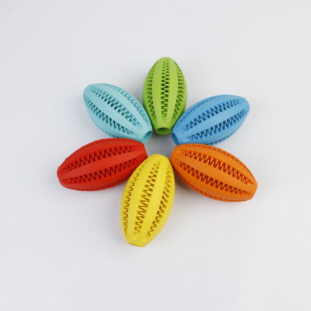 Pet Dog Toys Extra-tough Rubber Ball Toy Interactive Elasticity Ball Dog Chew Toys Tooth Cleaning Treat Rugby Ball-Red
