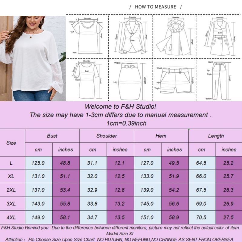 F&H 3644 L-4XL Chiffon Sleeves Plus Size Women Blouse White