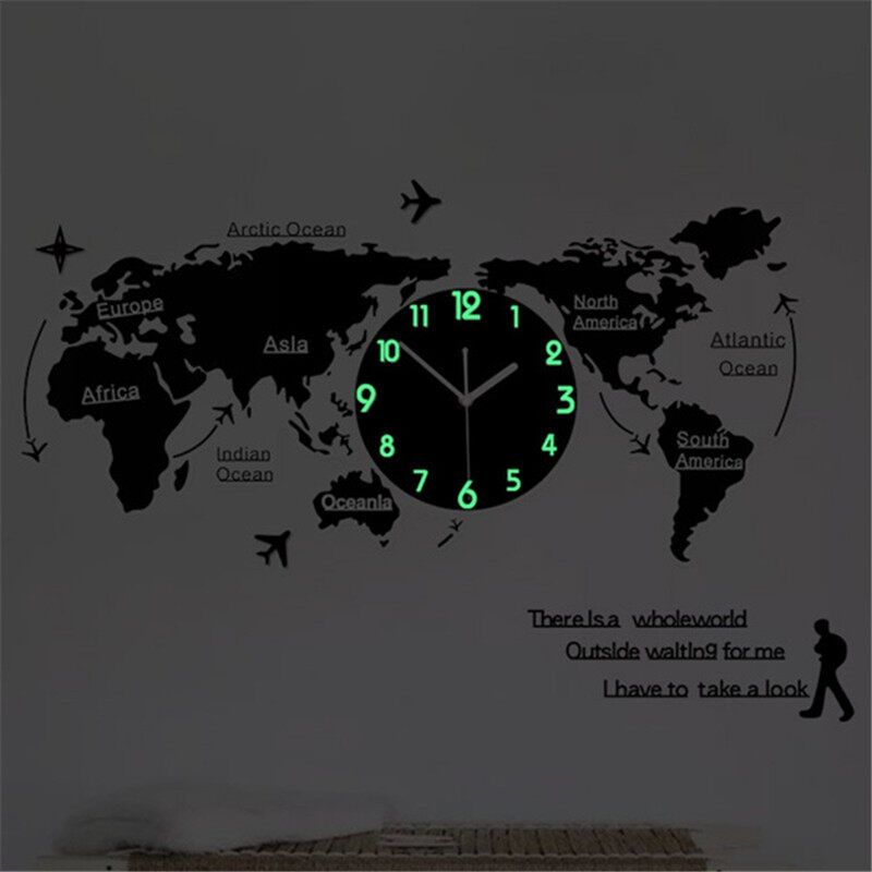 [2020 NEW] 3D World Map Wall Clock Modern Design Digital Hanging Clock Quiet Acrylic Luminous