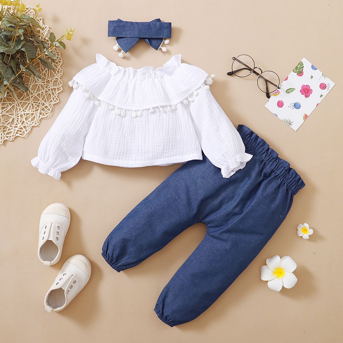 Baby Girls Holiday Partywear Long Sleeves Shirt With Pon-pom Balls Blue Pants