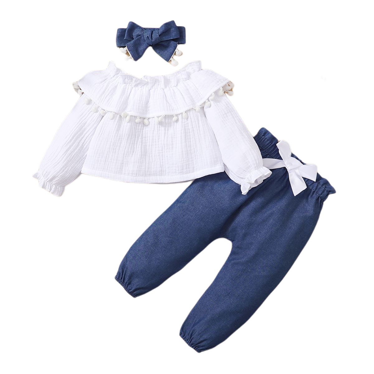 Baby Girls Holiday Partywear Long Sleeves Shirt With Pon-pom Balls Blue Pants