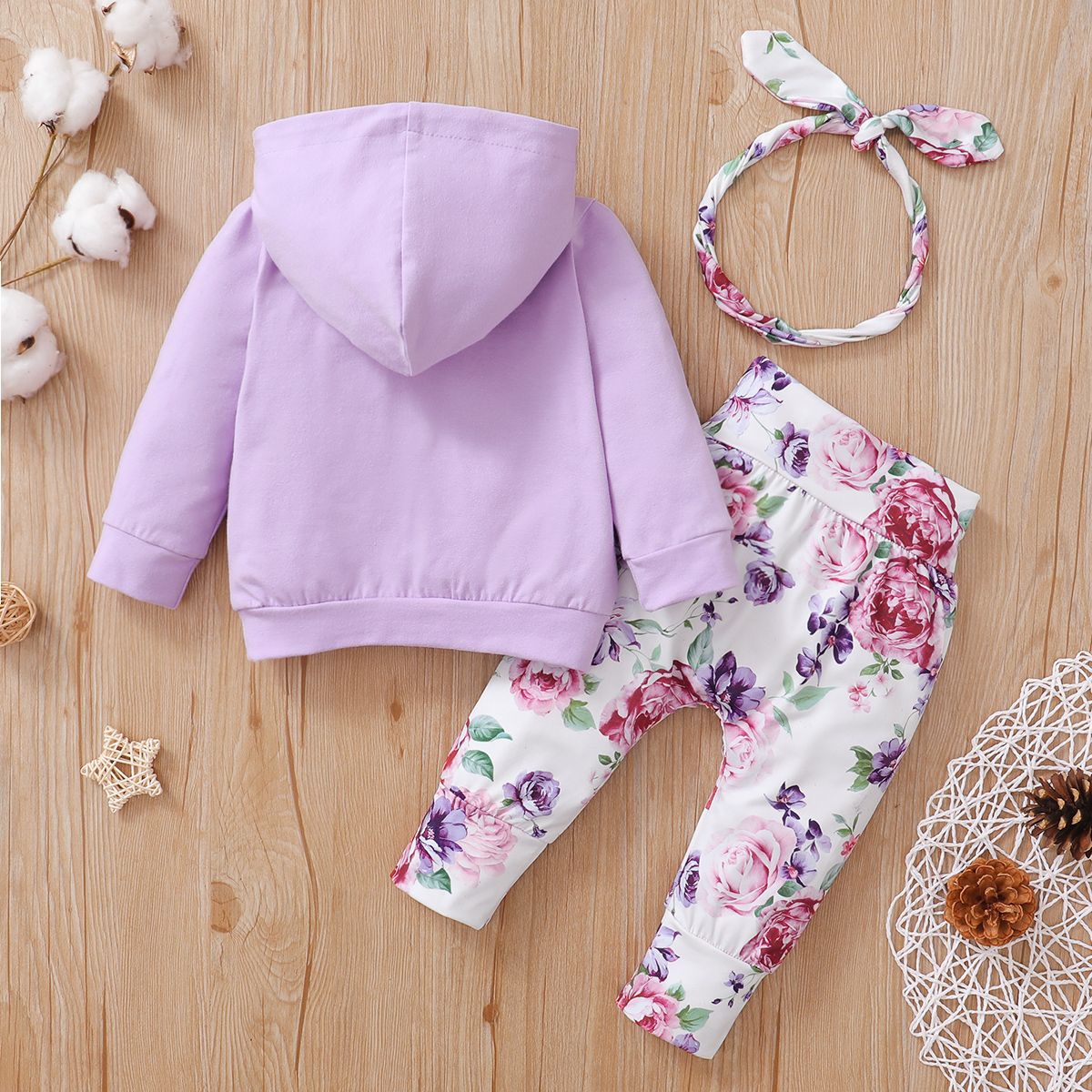 Baby Girls Long Sleeves Rose Floral Hoodie With Pants -Purple