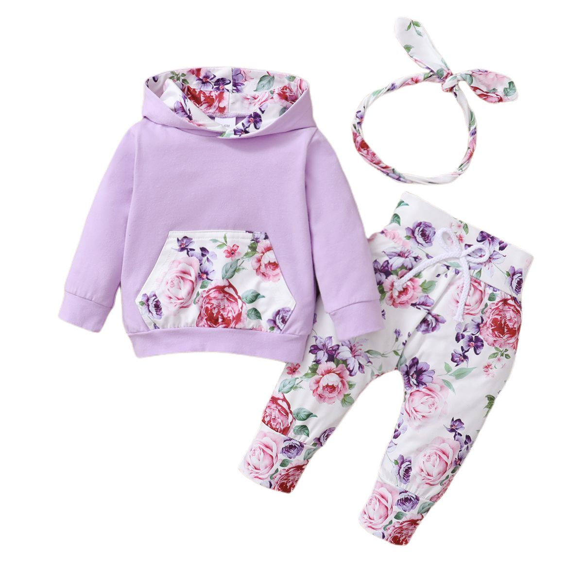Baby Girls Long Sleeves Rose Floral Hoodie With Pants -Purple