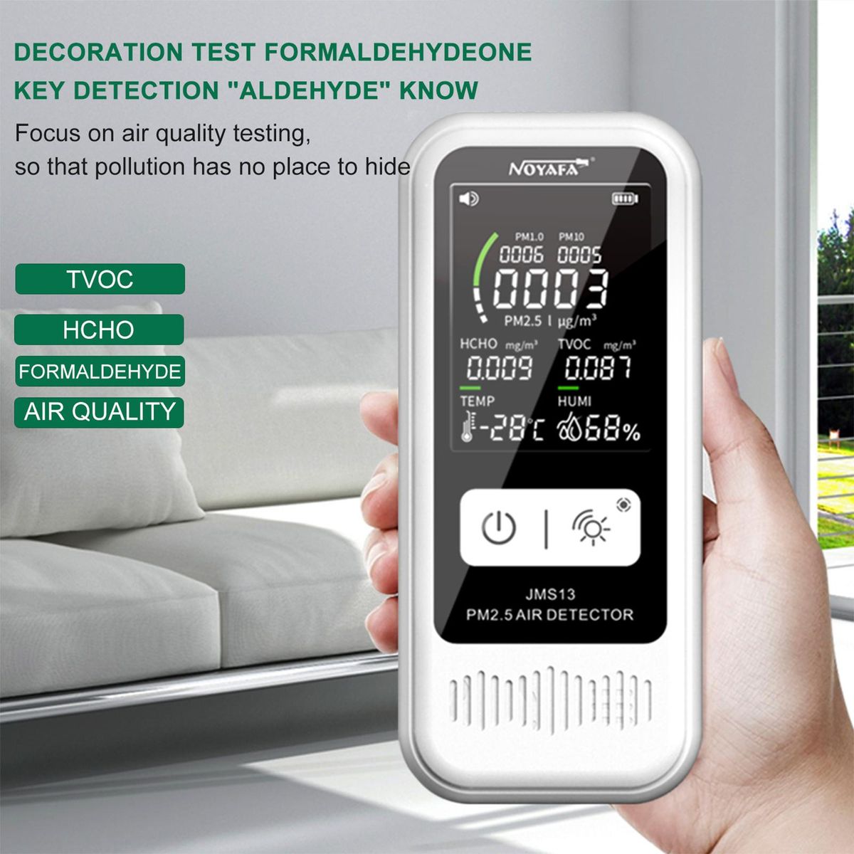 NOYAFA JMS13 Household PM2.5 Detector Temperature Humidity Monitor Rechargeable LCD Digital Air Quality Detector TVOC/HCHO Formaldehyde Tester PM2.5 Monitor Desktop Thermometer Hygrometer Formaldehyde Air Quality Analyzer for