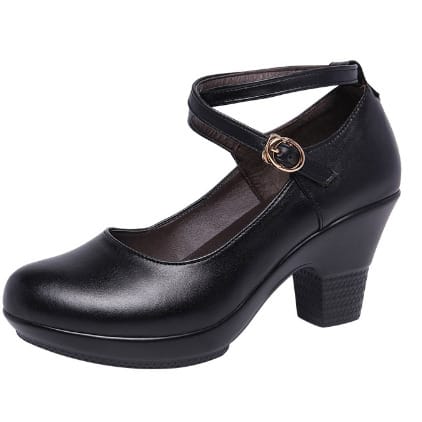 Real Leather Cross over Buckle Belt Mid Heel Shoe