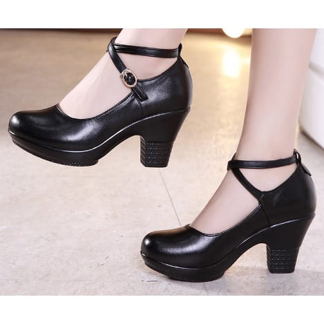 Real Leather Cross over Buckle Belt Mid Heel Shoe
