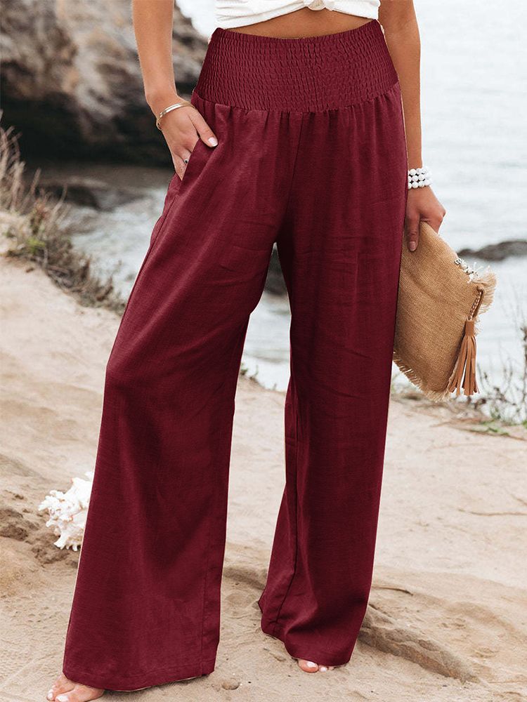 (Burgundy)Cotton Linen Pants Plus Size Women's Long Pants Wide Leg Pants Elastic High Waist Spring Summer Retro Fashion Leisure Pant SAB