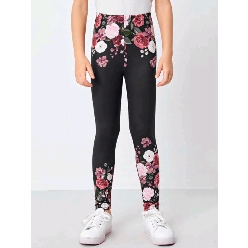 Girls Elastic Waist Floral Print Leggings- Multicolour