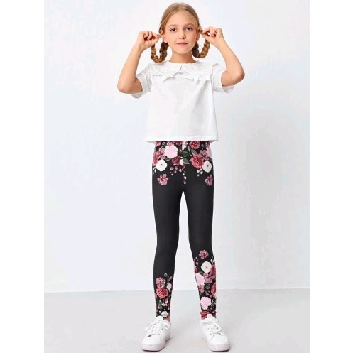 Girls Elastic Waist Floral Print Leggings- Multicolour