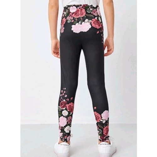 Girls Elastic Waist Floral Print Leggings- Multicolour