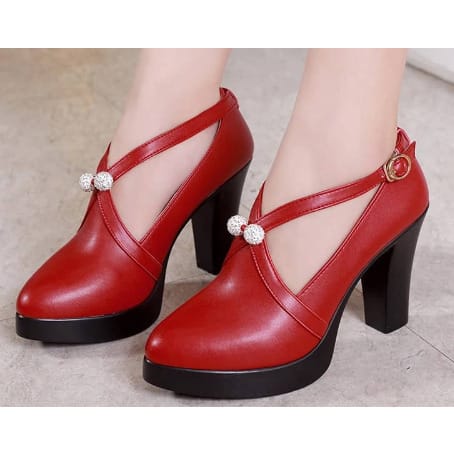 Rhinestone Leather Platform Round Head Thick Heel Shoe-RED