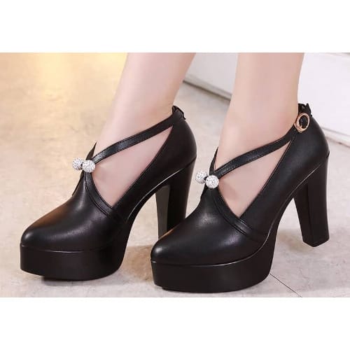 Rhinestone Leather platform Round head Thick heel Shoe-BLACK