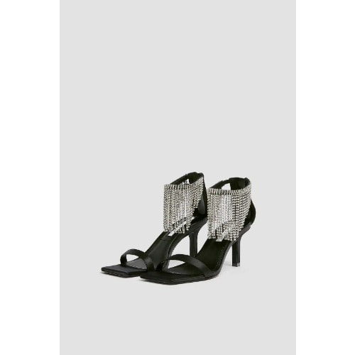 Black Sparkly Fringe Sandals