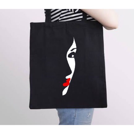 Side Face Design Jeans Tote Bag - Black