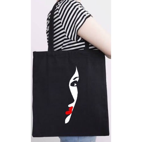 Side Face Design Jeans Tote Bag - Black