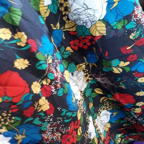 Blue Black Based Flowery Silk - 4 Yards - Multicolour