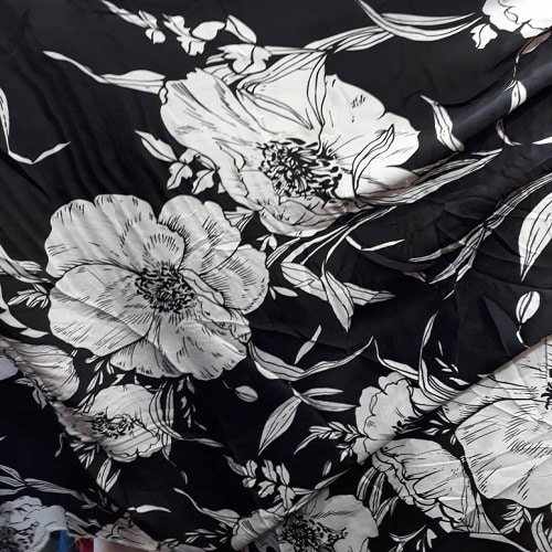 Black Based White Flower Patterned Silk - 4 Yards