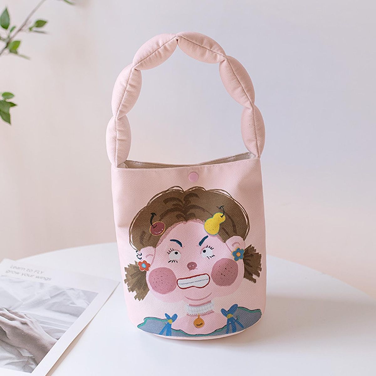 Fashionable Cartoon Print Bag Whimsical Chic Festive Bucket for Women Pink