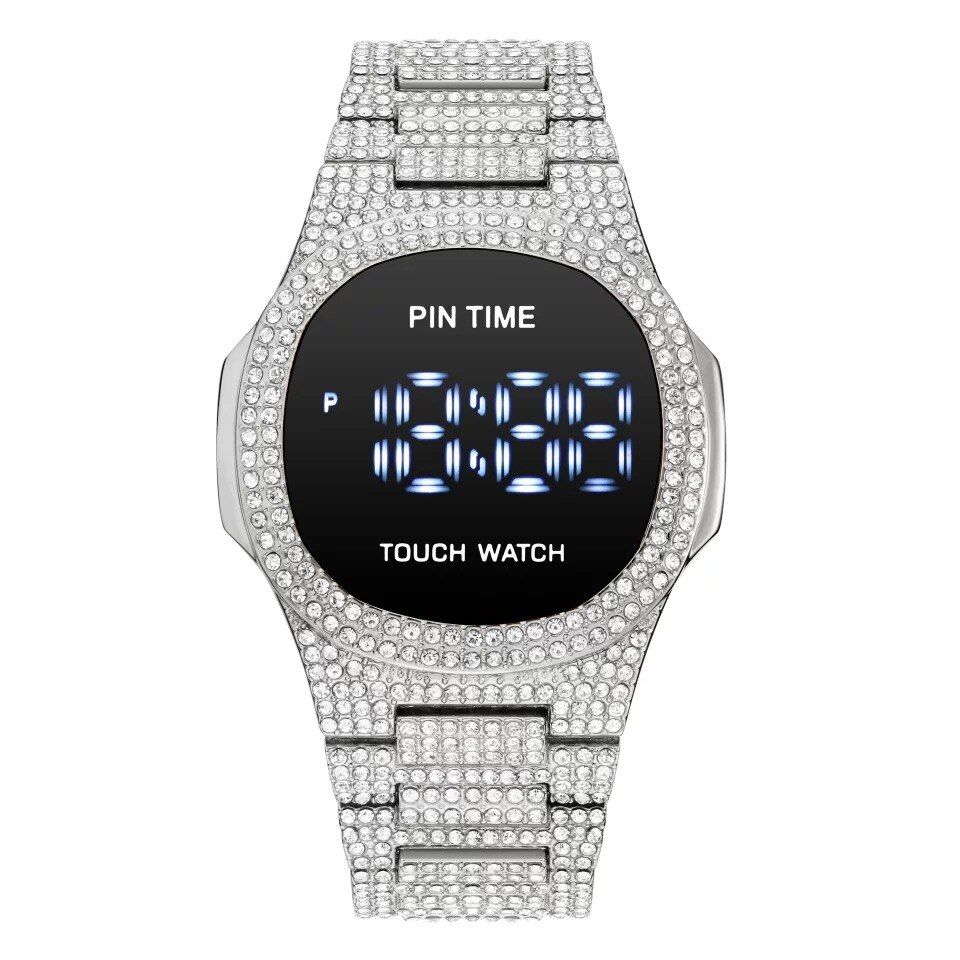 Superior Quality & Very Unique Digital Ice Out Crystal Wristwatch For Unisex + Studded Bracelet