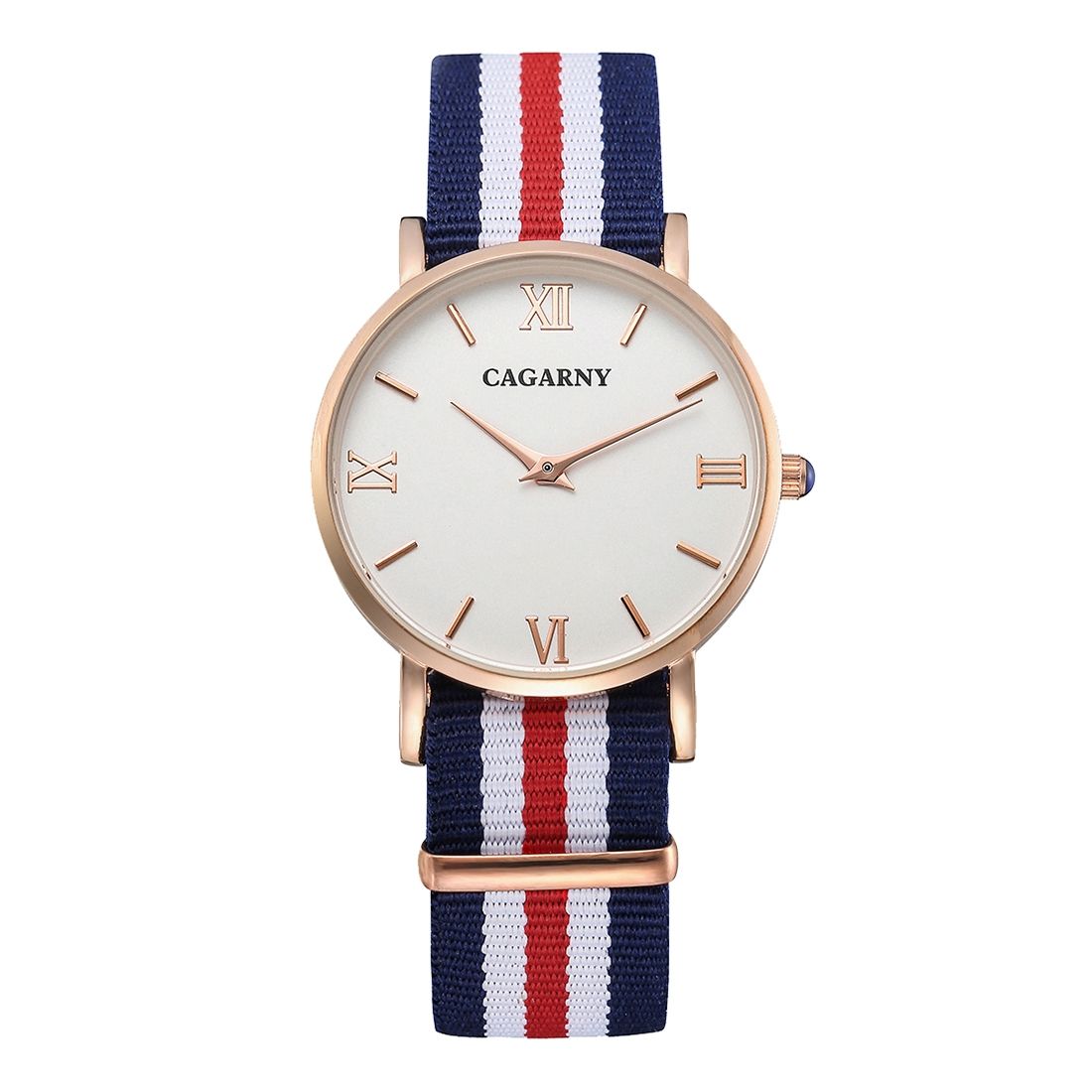 Ultra Thin Rose Gold Case Quartz Wrist Watch With 5 Stripes Nylon Band For Women(Red)