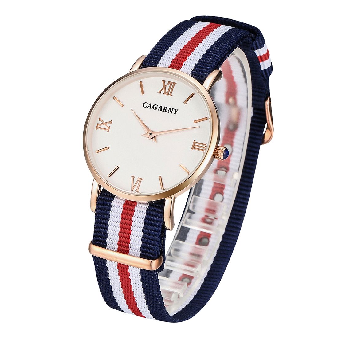 Ultra Thin Rose Gold Case Quartz Wrist Watch With 5 Stripes Nylon Band For Women(Red)