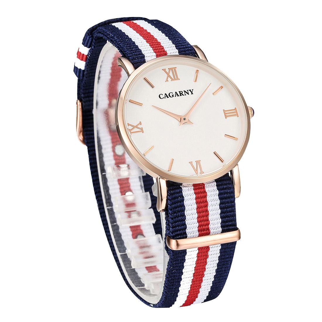 Ultra Thin Rose Gold Case Quartz Wrist Watch With 5 Stripes Nylon Band For Women(Red)