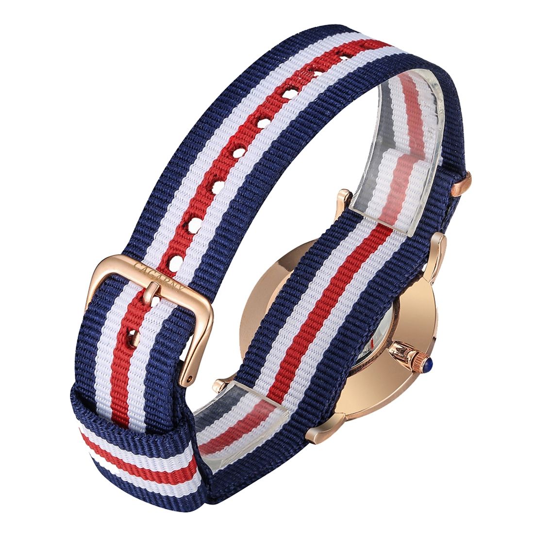 Ultra Thin Rose Gold Case Quartz Wrist Watch With 5 Stripes Nylon Band For Women(Red)
