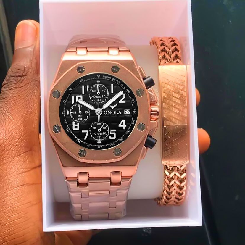 Super Sophisticated Chronograph Chain Wristwatch + Rugged Bracelet For Boss Men