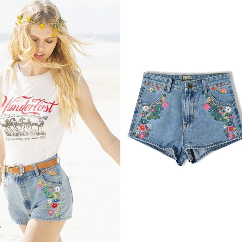2017 New Flower Embroidered Shorts Jeans Women Vintage