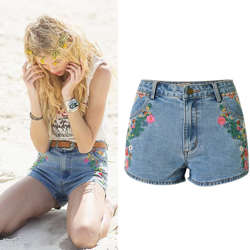 2017 New Flower Embroidered Shorts Jeans Women Vintage