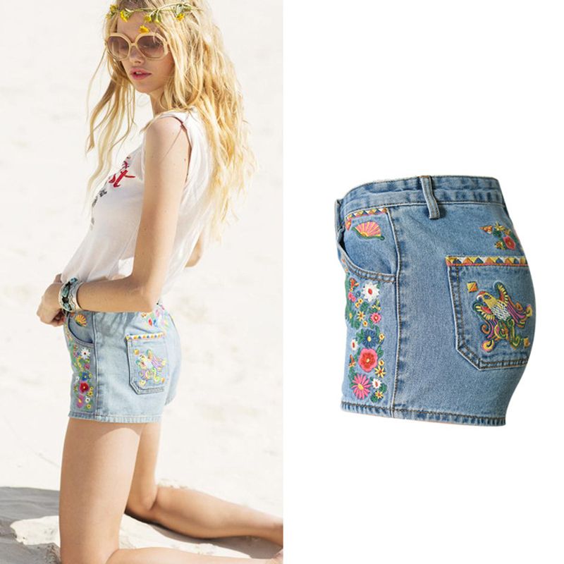 2017 New Flower Embroidered Shorts Jeans Women Vintage