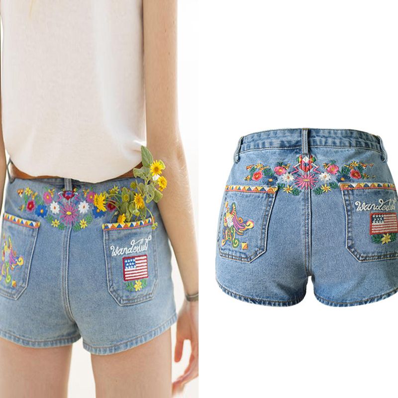 2017 New Flower Embroidered Shorts Jeans Women Vintage