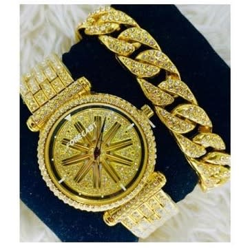 Spinning Gold Iced Classic Wristwatch And Bracelet