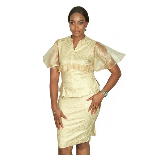 2pc Frontal Zip Corset Blouse With A Flared Organza Sleeves On Fitted Skirt. Lb-lsk/f5