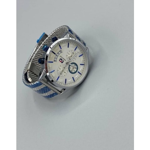 Meshed Silver Blue Stripe Wrist Watch