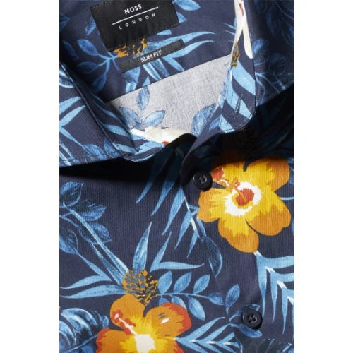 Slim Fit Navy Tropical Print Shirt