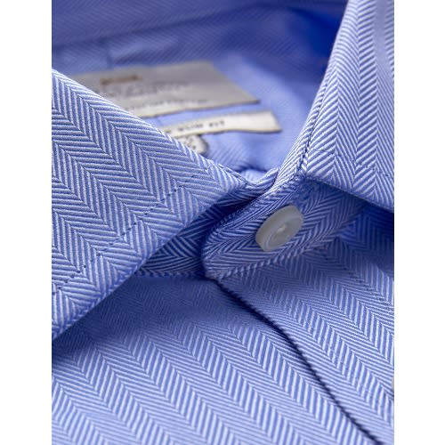 Men's Formal Blue Herringbone Slim Fit Shirt - Single Cuff - Easy Iron