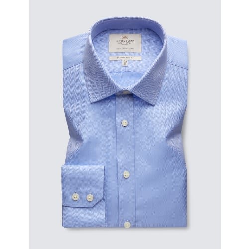 Men's Formal Blue Herringbone Slim Fit Shirt - Single Cuff - Easy Iron