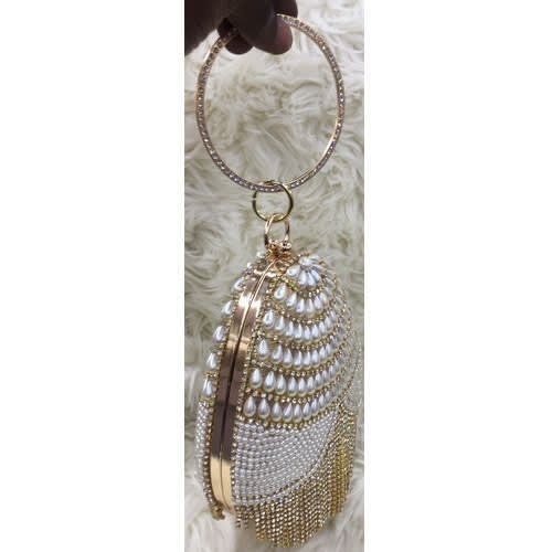 Clutch Beaded Metallic Clutch Purse With Droppings-Gold