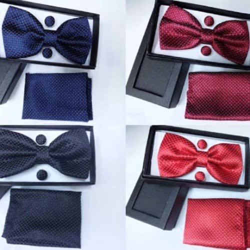 Bowtie Pocket Square And Cufflinks - Set Of 4 Satin