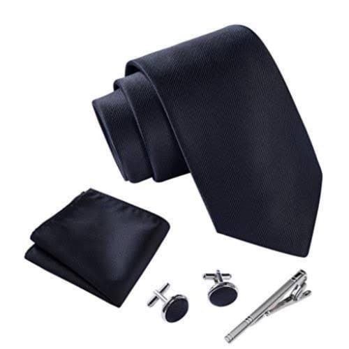 Long Tie, Pocket Square And Cufflinks - Black