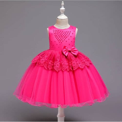 Girl Beaded Bow And Layered Waist Dress - Pink