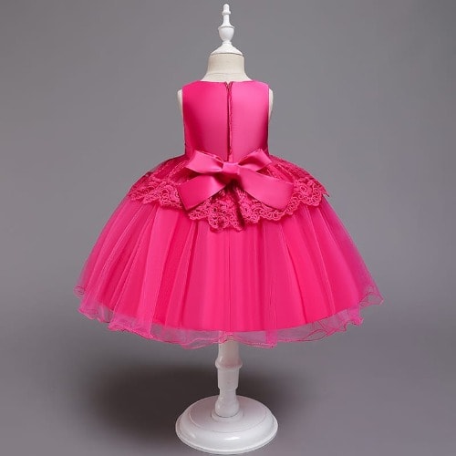 Girl Beaded Bow And Layered Waist Dress - Pink