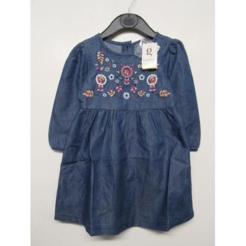 Girls Blue Floral Embroidered Denim Shirt Dress