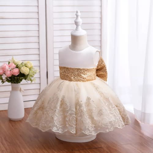 Girl Band Bow Embroidery Gown - Gold