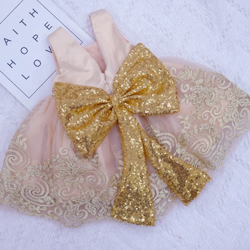Girl Band Bow Embroidery Gown - Gold