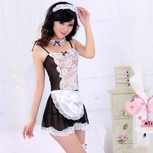 Costumes Lolita Maid Outfit Miniskirt Fetish Underwear See Through Roleplay Sexy Lingerie Beige