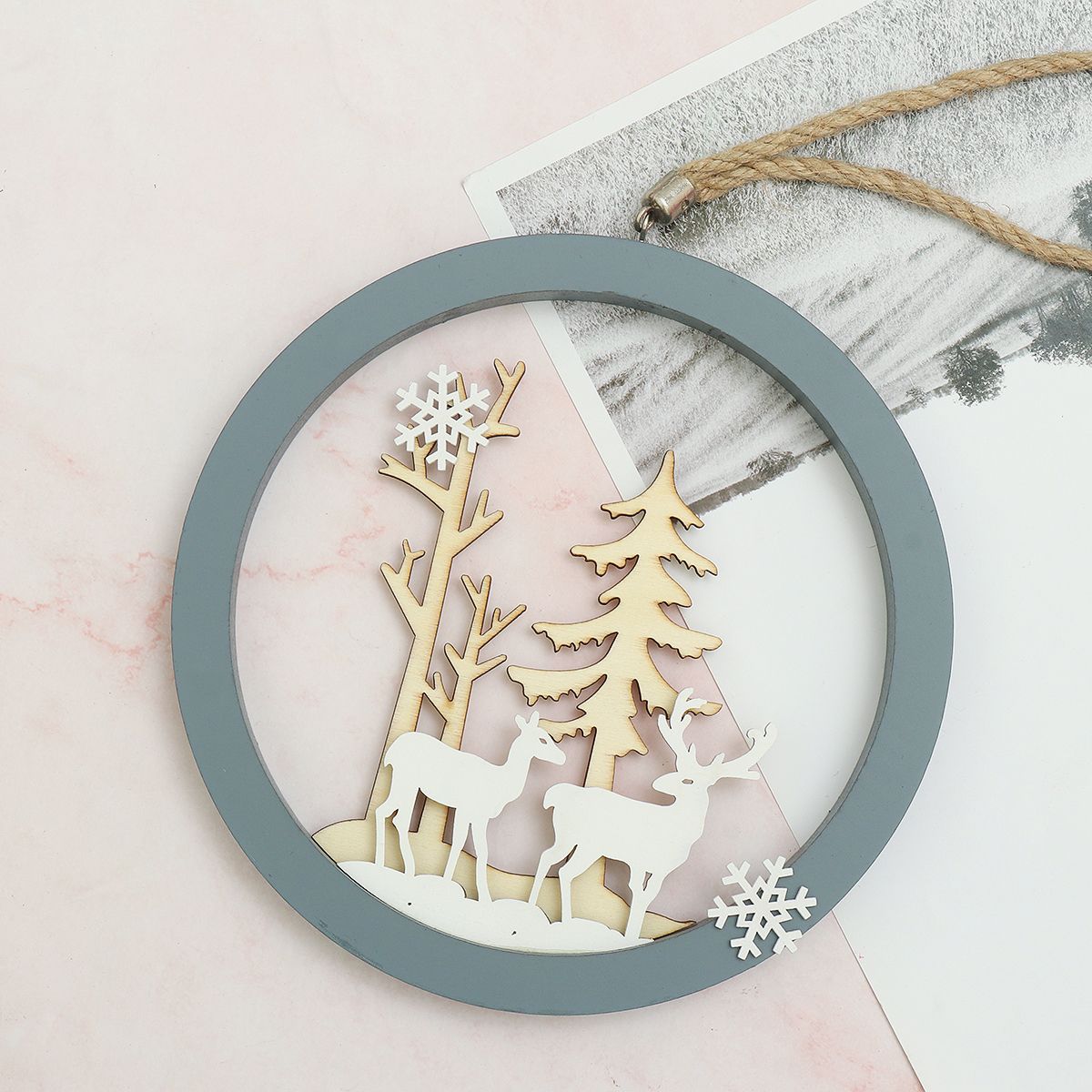 (Round) Optional With LED Light Wooden Wall Hanging Retro Cr